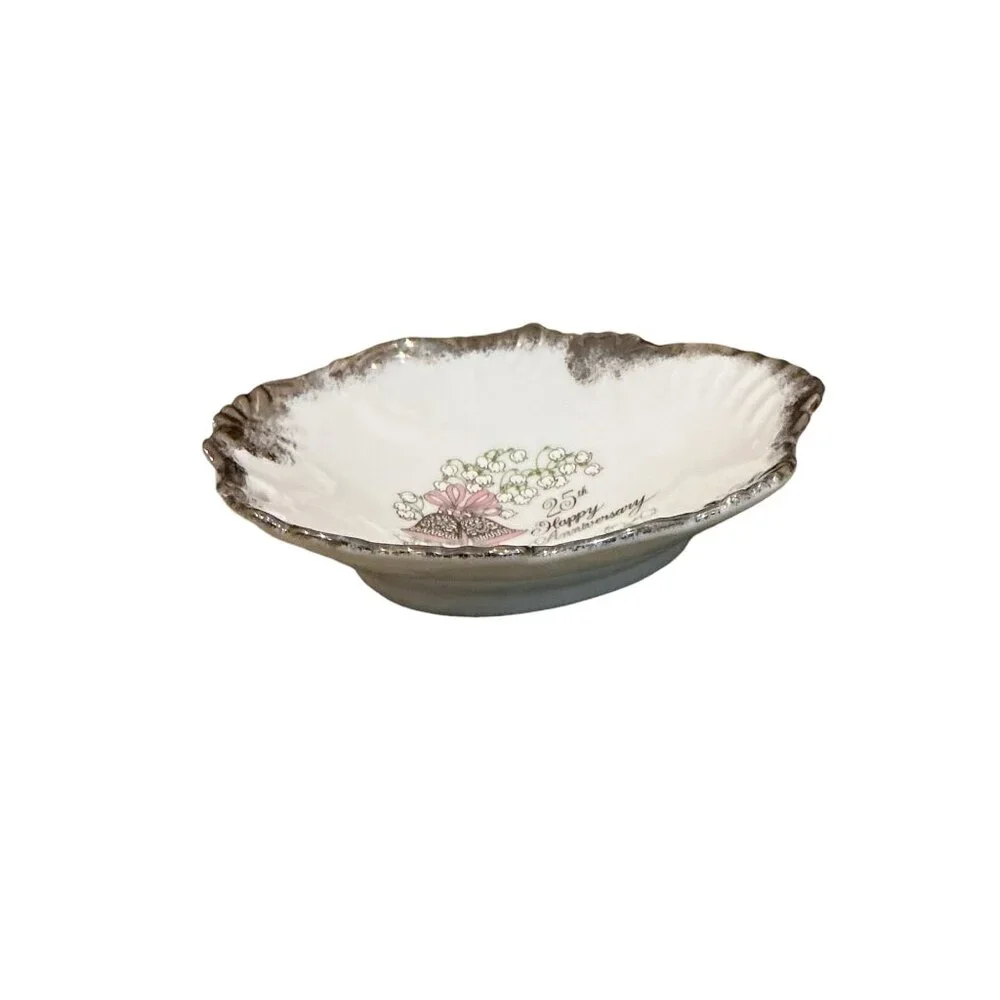 Vintage George Good Japan 25th Anniversary Porcelain Dish With Silver Trim & Flo
